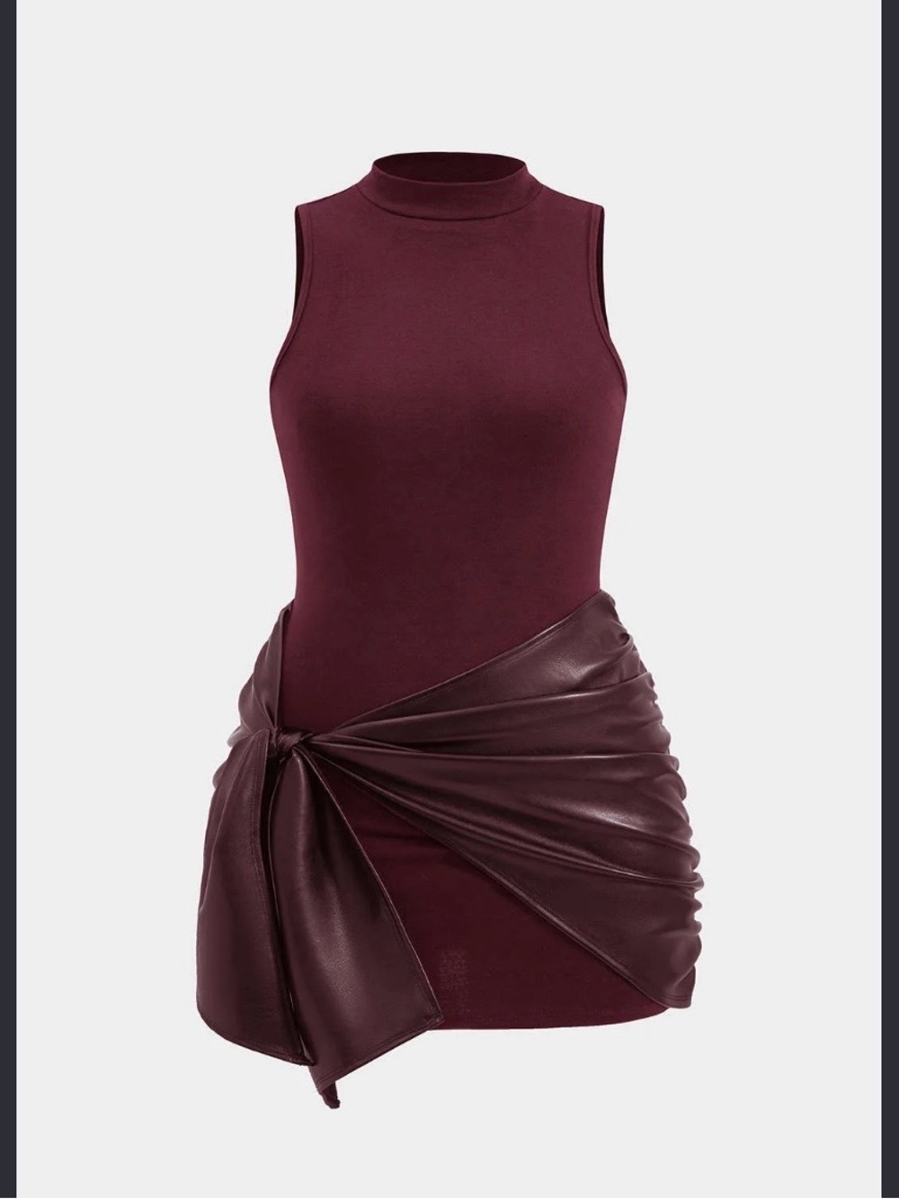 Micas Mock Neck Burgundy Mini Dress with Faux Leather Wrap Detail
